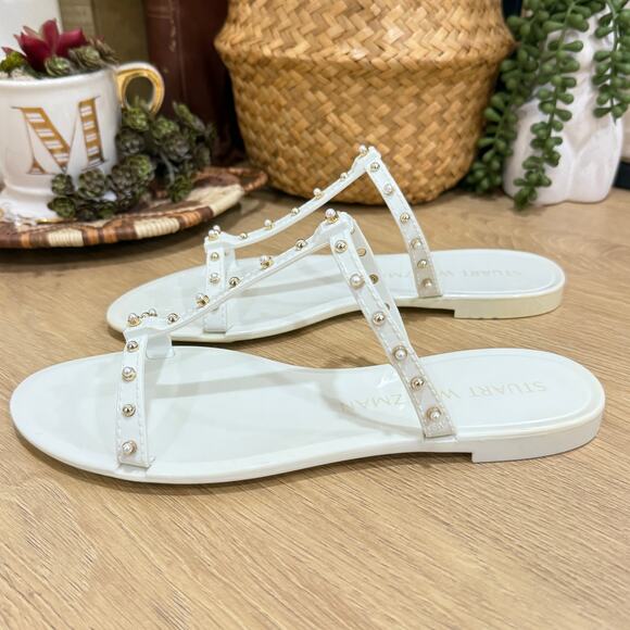 STUART WEITZMAN Jelly Sandals Size 8 White Mellie Pearlstud Slides - Picture 2 of 10